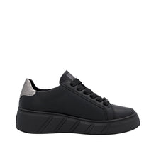 Rieker W2605-02 Rock Black Leather Flatform Trainers With A Black Sole