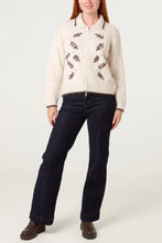Beige Marl Collard Whimsy 3D Floral Detail  Zip Front Cardigan