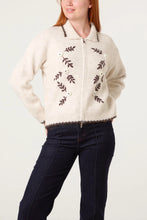 Beige Marl Collard Whimsy 3D Floral Detail  Zip Front Cardigan