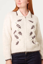 Beige Marl Collard Whimsy 3D Floral Detail  Zip Front Cardigan