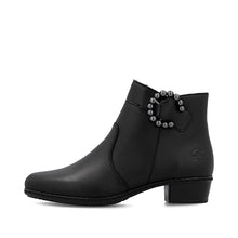 Rieker Y0797-00 Lugano Black Leather Low Heel Ankle Boots With Buckle Detail