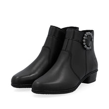 Rieker Y0797-00 Lugano Black Leather Low Heel Ankle Boots With Buckle Detail