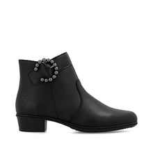 Rieker Y0797-00 Lugano Black Leather Low Heel Ankle Boots With Buckle Detail