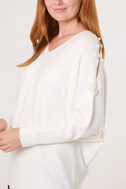 Plain Pearl Bow Cut Out Sleeve V-Neck Jumper (2 Colours)