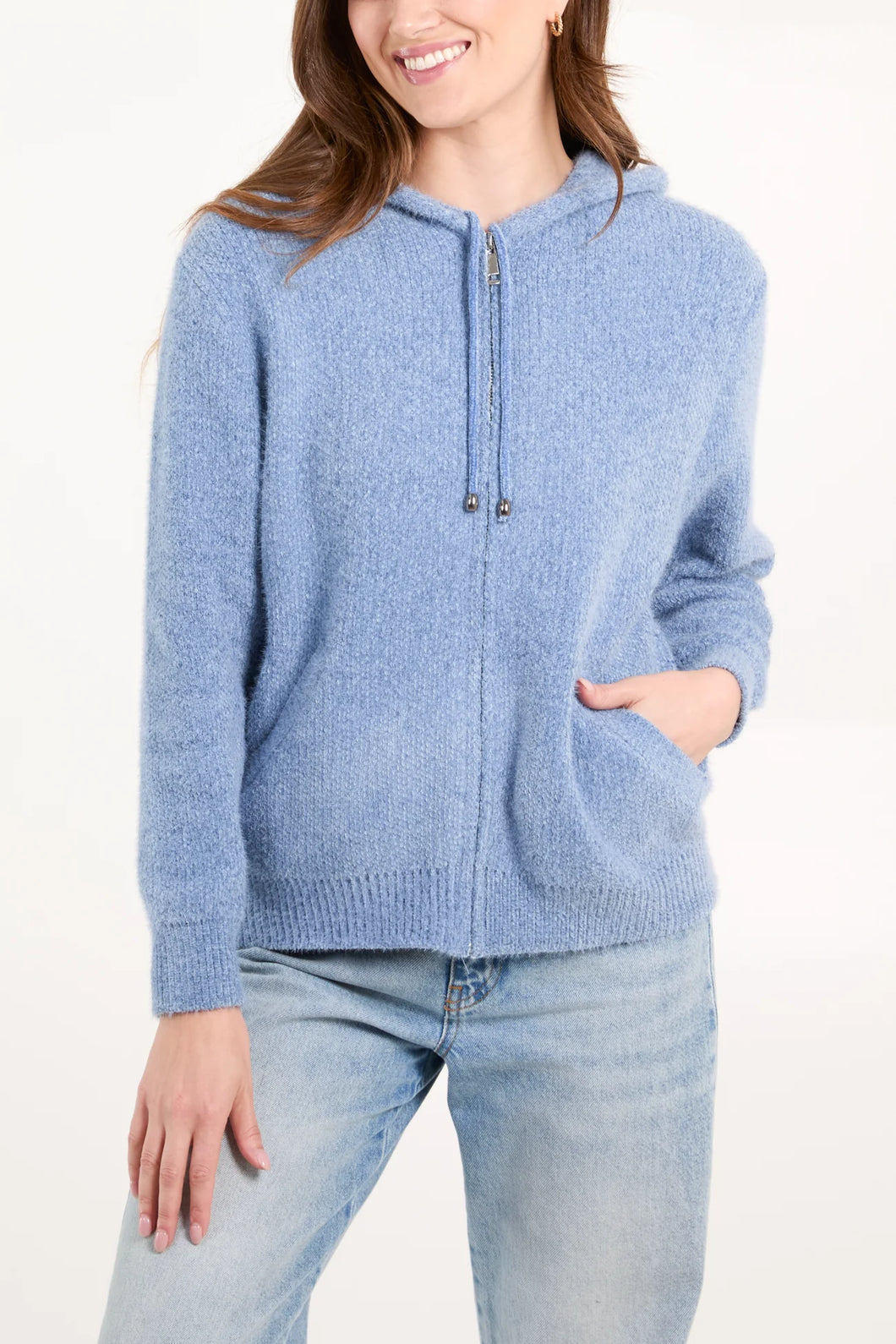 Cozy Textured Knit Zip Up Front Hoodie With Pockets (2 Colours)