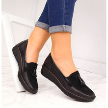 Rieker 53771-00 Black Leather Combination Tassel Front Wedge Loafers
