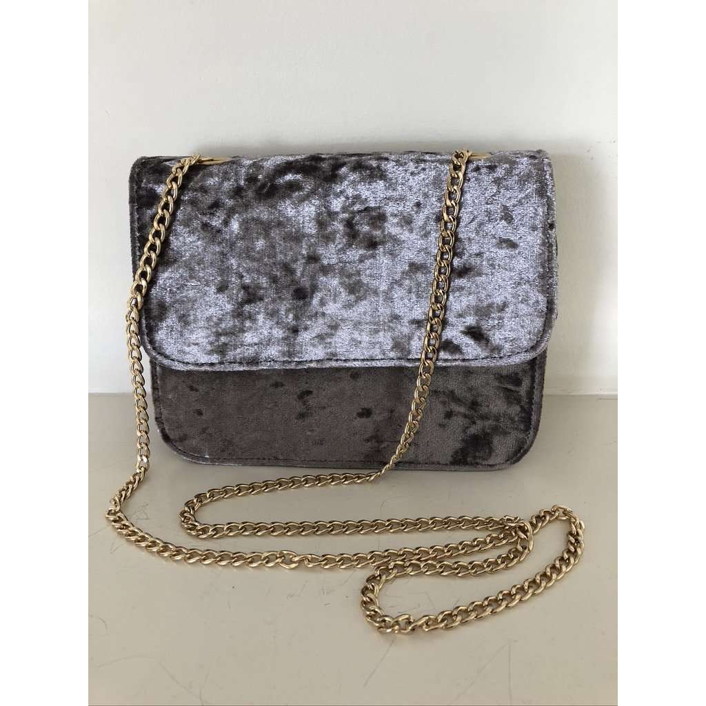 Grey Crushed Velvet Box Shaped Bag