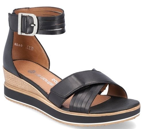 Remonte D6458-00 Odeon Black Leather Ankle Strap Wedge Sandals
