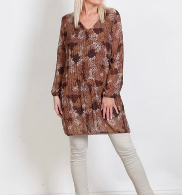 Goose Island 3344 Brown Multi Pleated Ditsy Print Tunic