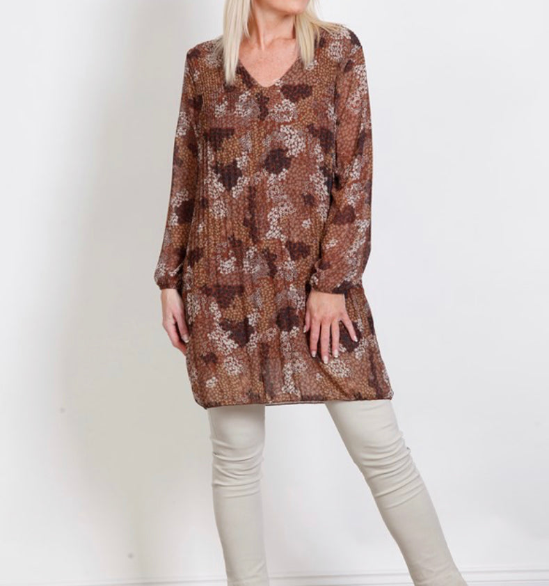 Goose Island 3344 Brown Multi Pleated Ditsy Print Tunic