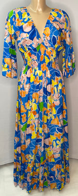Amber-Grace  Blue Multi Flower Print Crossover Maxi Dress