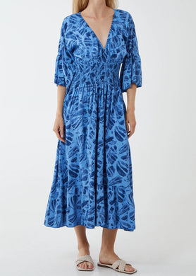 Blue Leaf Print V-Neck Maxi Dress