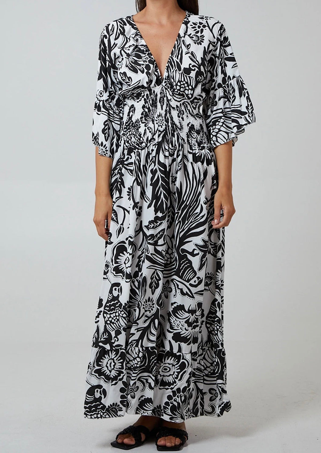 Black Floral Shirred Waist V Neck Midaxi Dress – Missy Online: Shoes,  Fashion & Accessories Based in Leeds