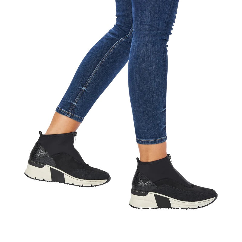 Rieker N6352-00 Wildbuk Black And White Wedge Zip Front Ankle Trainer – Missy Online: Shoes, Fashion Accessories Based in Leeds