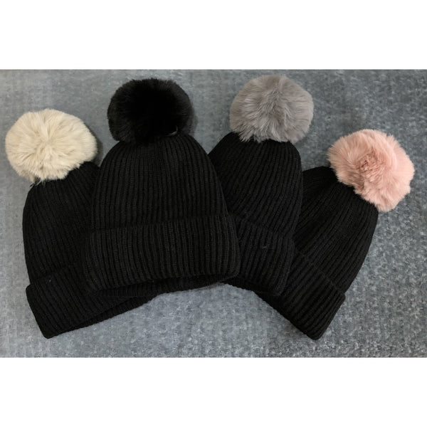 Holly Black And Pink Two Tone Pom Pom Hat
