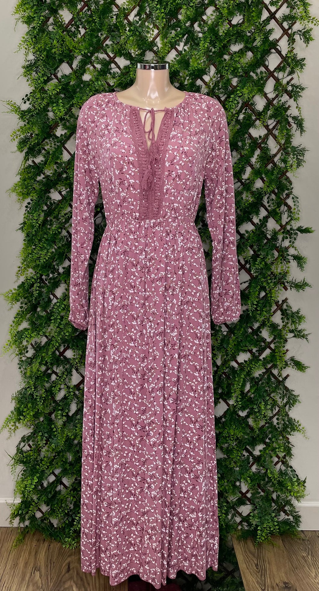 Floral Print Long Sleeve Crochet Neck Maxi Dress