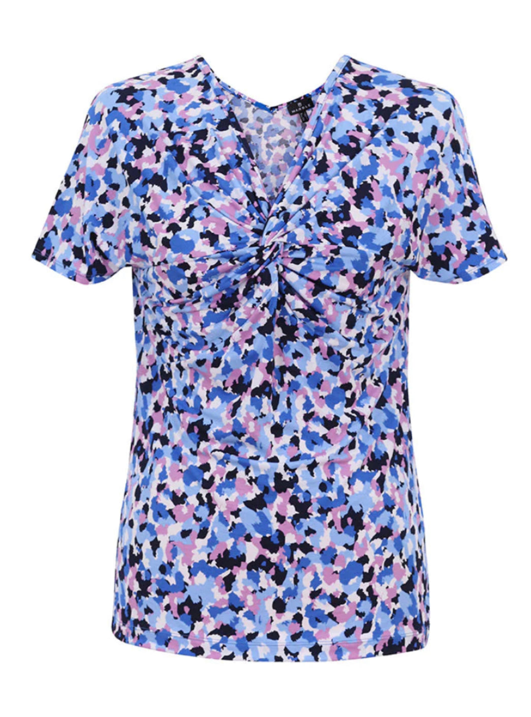 Marble 6979 Blue Multi Print Short Sleeved Twist Front Top