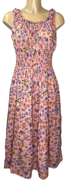 Sleeveless Pink Flower Print Midi Dress