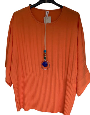Plain Orange Round Neck Pleated Top With Necklace