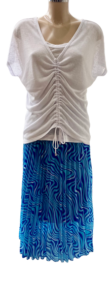 Pleated Blue Swirl Print Midi Length Skirt
