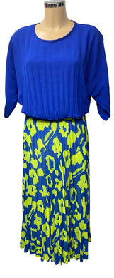 Pleated Midi Length Cobalt Blue And Lime Green Bold Print Skirt