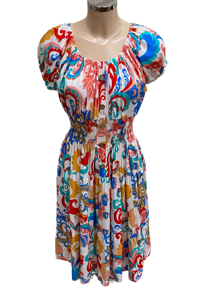 New White Multi Retro Print Bardot Midi Dress