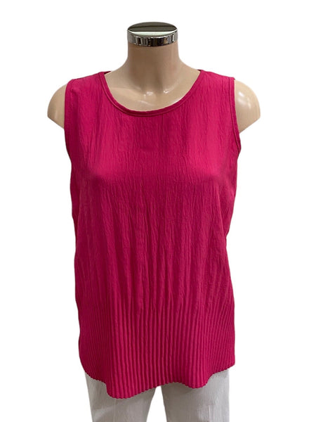 Plain Raspberry Pink Pleated Sleeveless Round neck To