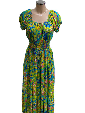 Abstract Lime Combination Print Bardot Maxi Dress