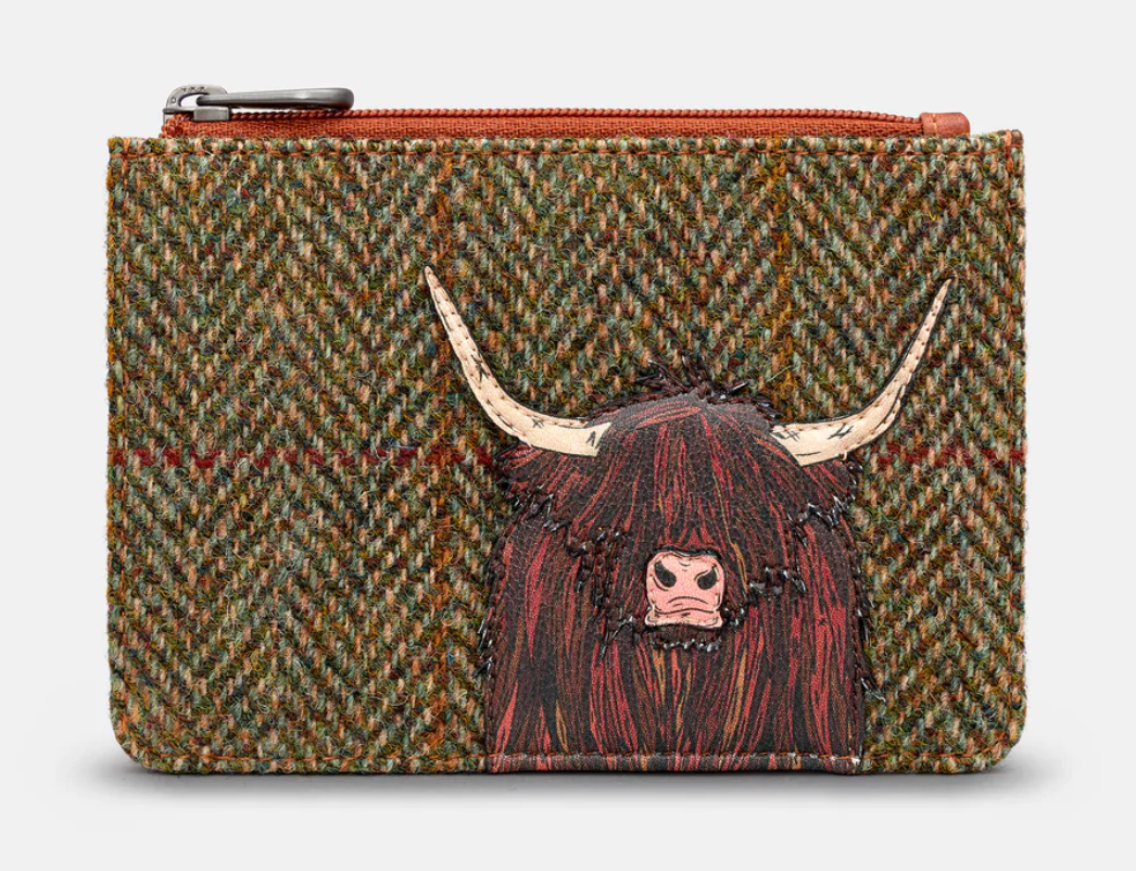 Yoshi Highland Cow Tweed And Leather Zip Top Purse