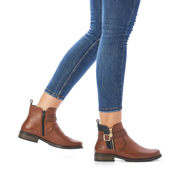 Rieker Z4959-22 Brown And Navy Zip-Up Leather Ankle Boot